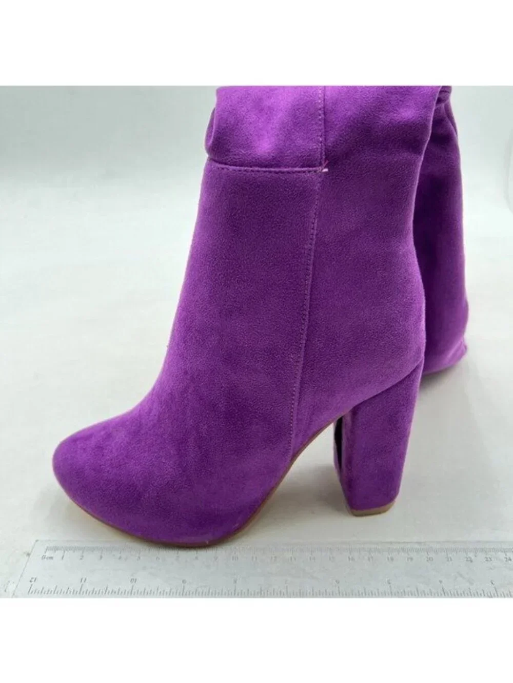 Women Thick High Heel Knee High Long Boots Closed Toe Pull On Faux Sued Purple